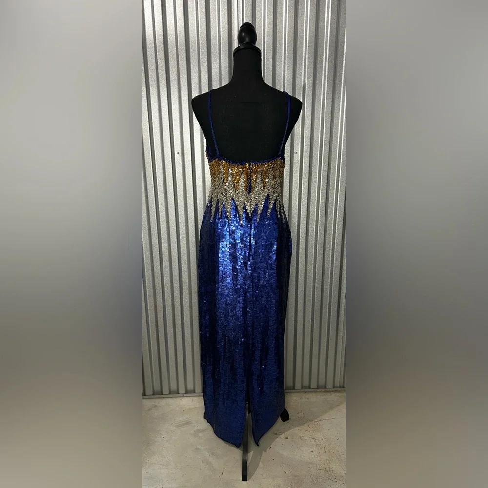 Womens Vintage TAJ Designer Sequin 70s Hand Crafted Blue Gold Strap Dress Medium - Picture 3 of 5